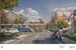 Intermodale Mobilität und Mobilitätsstationen
im ländlichen/suburbanen Raum Mobilitätsstationen bündeln zahlreiche Alternativen zum privaten Auto. An ihnen können verschiedene Verkehrsmittel gemietet und alle gewünschten Informationen (z. B.: Wie komme ich am schnellsten von A nach B?) bereitgestellt werden. Auch Mikrodepots lassen sich in Mobilitätsstationen installieren, in denen Pakete zugestellt werden können. Üblicherweise befinden sich Mobilitätsstationen in der Nähe von Bus- und Bahnstationen und sie sind mit Sitzgelegenheiten ausgestattet, die vor Wind und Wetter schützen. So ist der bequeme Wechsel zwischen den Verkehrsmitteln auf kurzen Wegen möglich.
Alternativ können Mobilitätsstationen aber auch als gänzlich neue Strukturen in bislang mit öffentlichen und geteilten Verkehrsangeboten schlecht erschlossenen Gebieten errichtet werden. Das hier dargestellte Zukunftsbild zeigt etwa, wie eine Mobilitätsstation im Kreuzungsbereich einer typischen suburbanen Straßensituation eingepasst werden kann. Aufgrund der Leichtbauweise und einem improvisierten Holzsockel lassen sich diese Maßnahmen kurzfristig und effektiv umsetzen. Während dies den Funktionen keinen Abbruch tut, halten sich die Kosten im Rahmen.